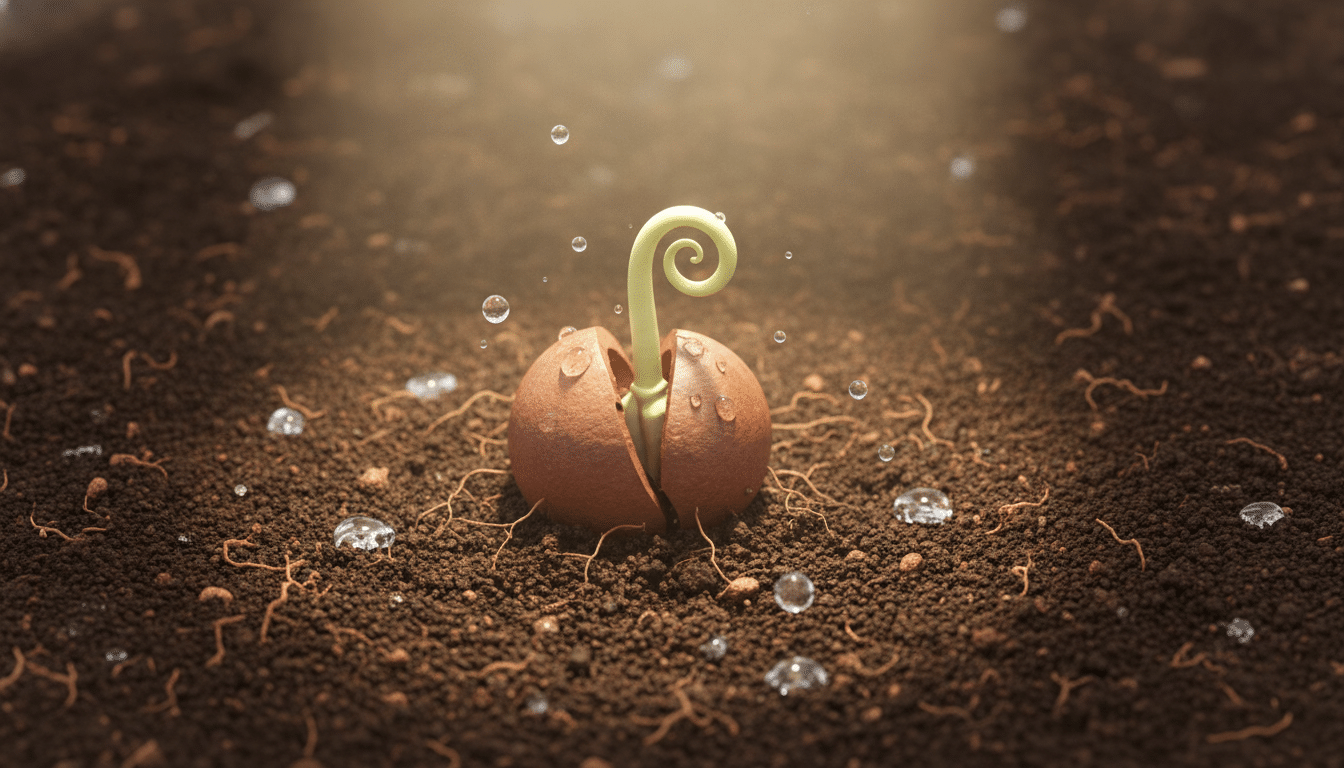 Illustration 3D isométrique d'une jeune pousse verte émergeant d'une terre fertile, baignée de lumière douce et de gouttelettes d'eau, symbolisant la croissance